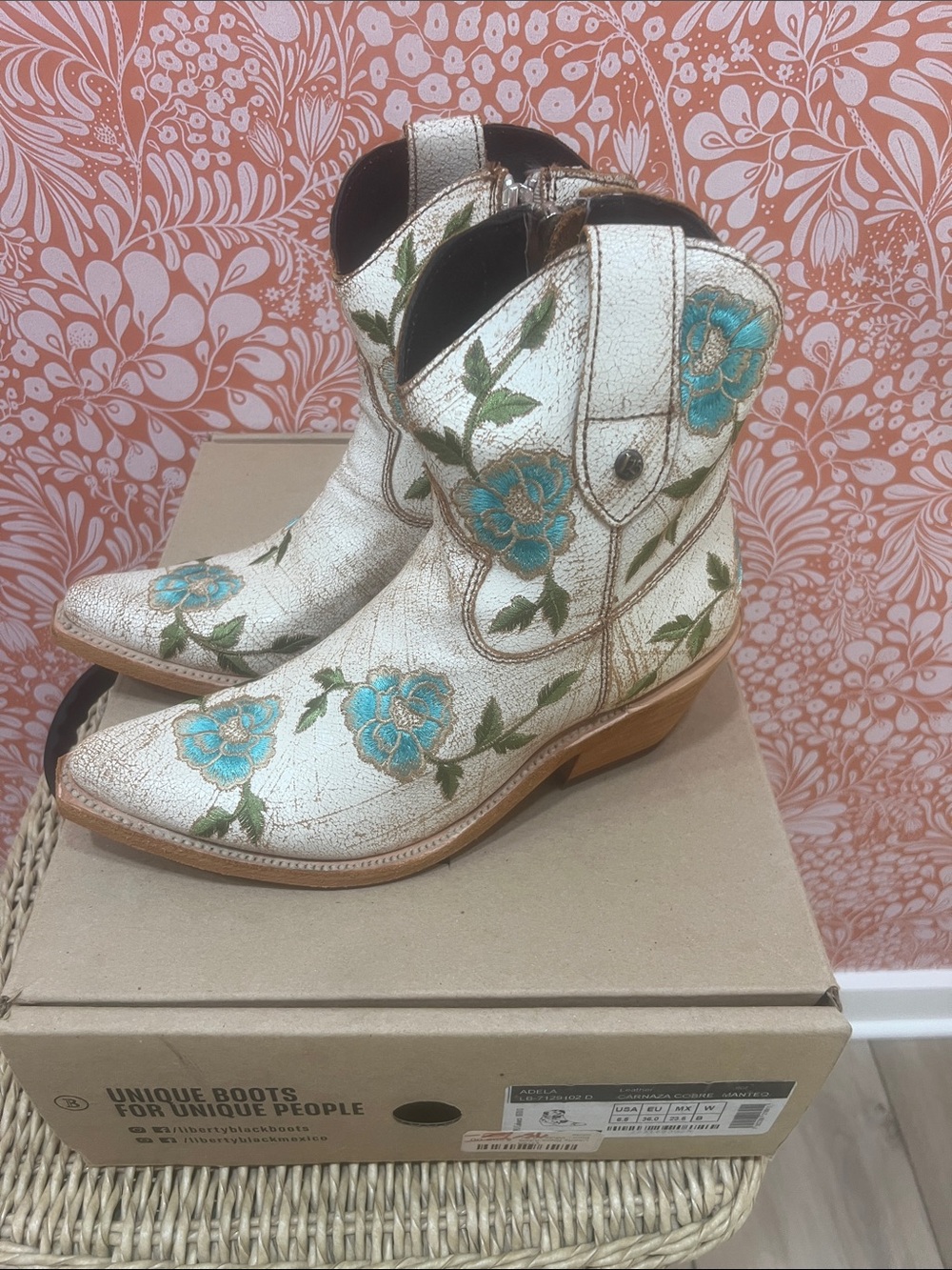 LIBERTY Black White Ankle Boots with Teal Floral Embroidery